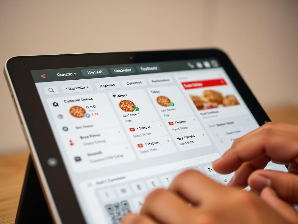 A close-up shot of an iPad dashboard displaying a pizza order being typed out. The screen shows various pizza options and customer details being entered. At the top, there is a generic phone number displayed as a live call banner. The background is simple and unobtrusive, focusing on the iPad and the order being processed.