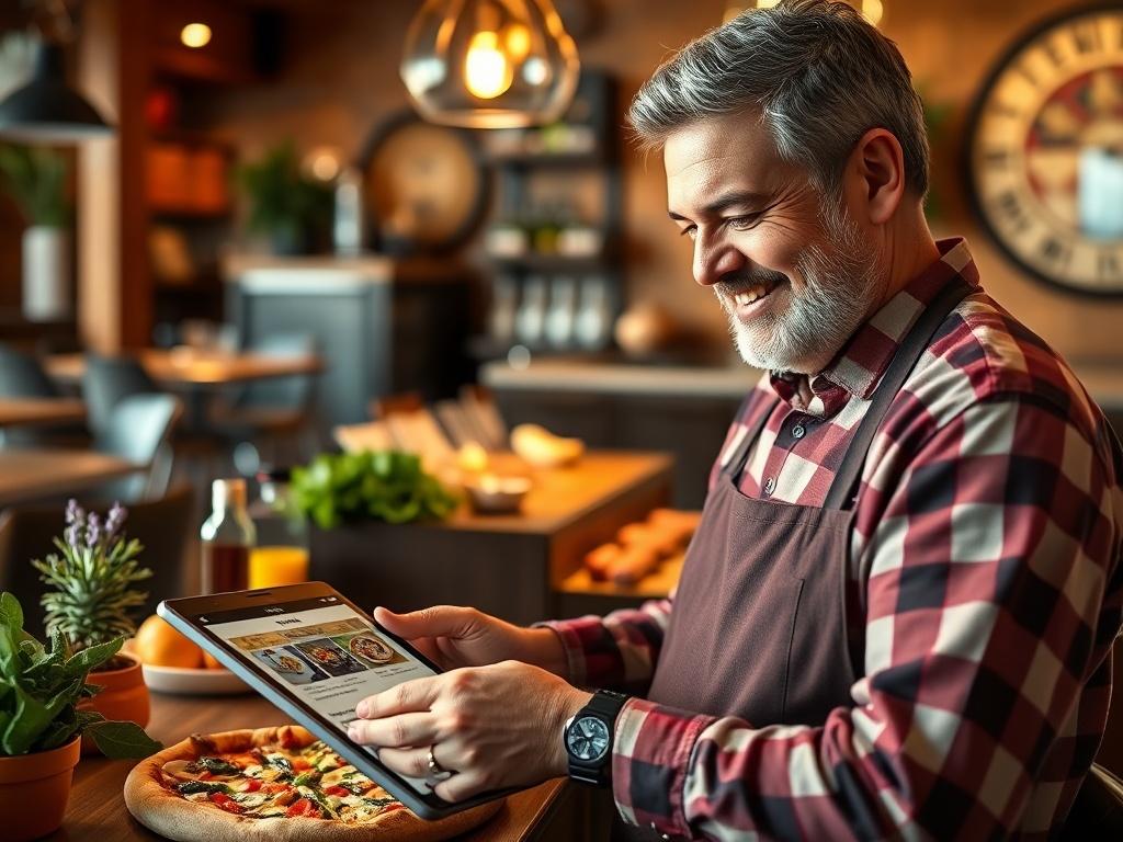 A close-up shot of a restaurant owner interacting with a tablet displaying a digital menu. The restaurant setting is cozy and inviting, with warm lighting and wooden decor. The owner, a middle-aged individual with a friendly smile, is focused on customizing the menu options on the tablet. In the background, various pizza ingredients are arranged neatly, showcasing a vibrant culinary atmosphere. The color scheme should highlight #062767 as a primary accent, enhancing the overall image.