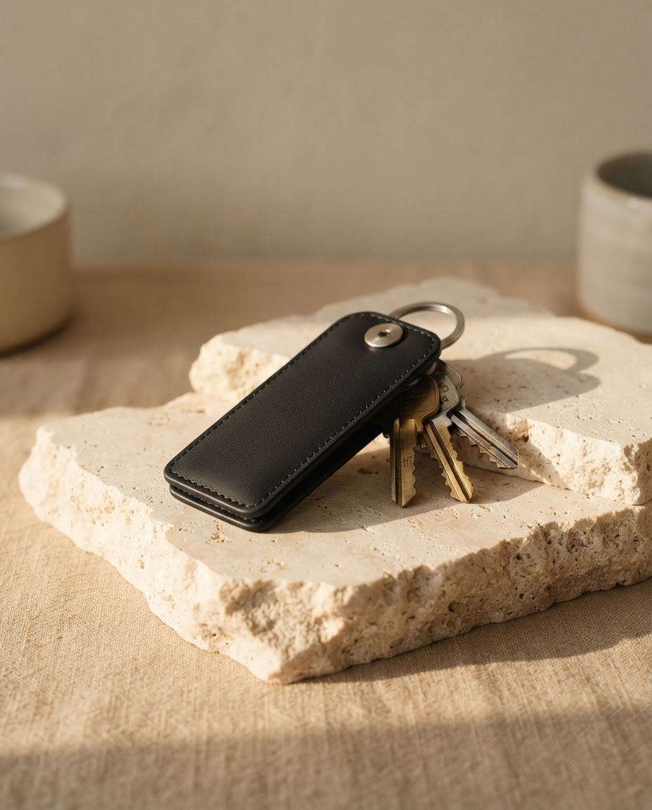 A compact dark OneKey wallet resting in warm afternoon light
