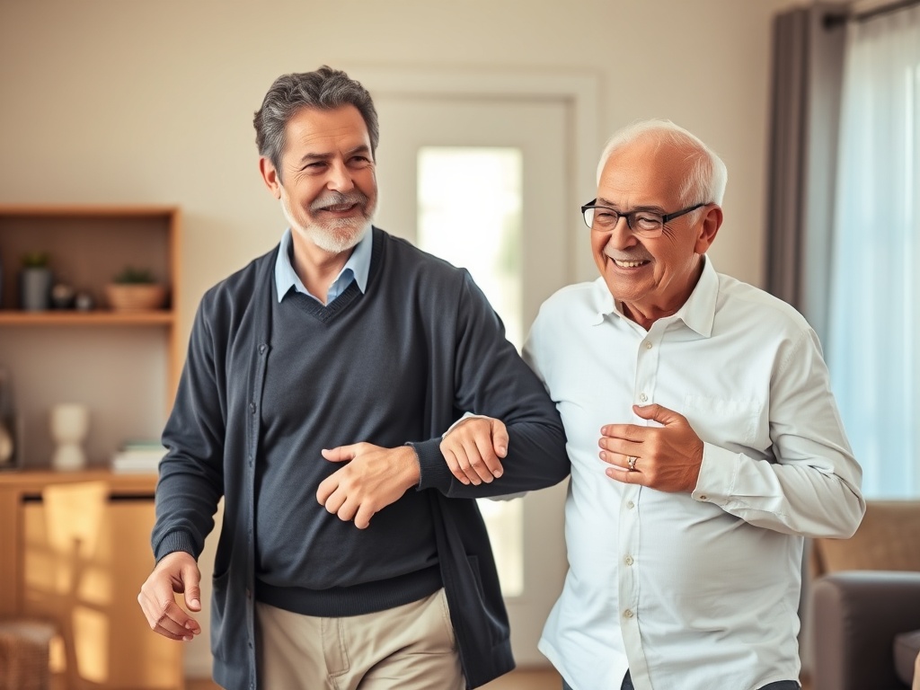 Caregiver providing mobility assistance to a senior