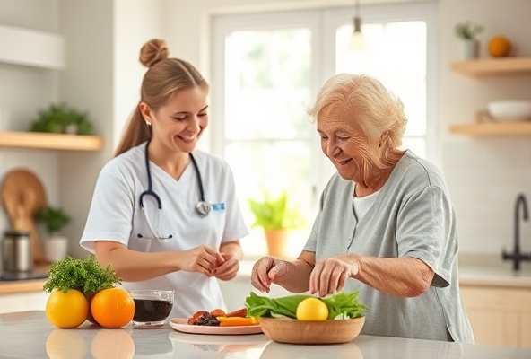 Caregiver and senior sharing a moment during meal preparation