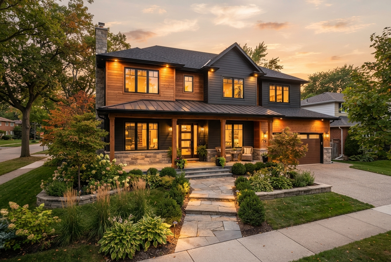 Beautifully remodeled home exterior at golden hour