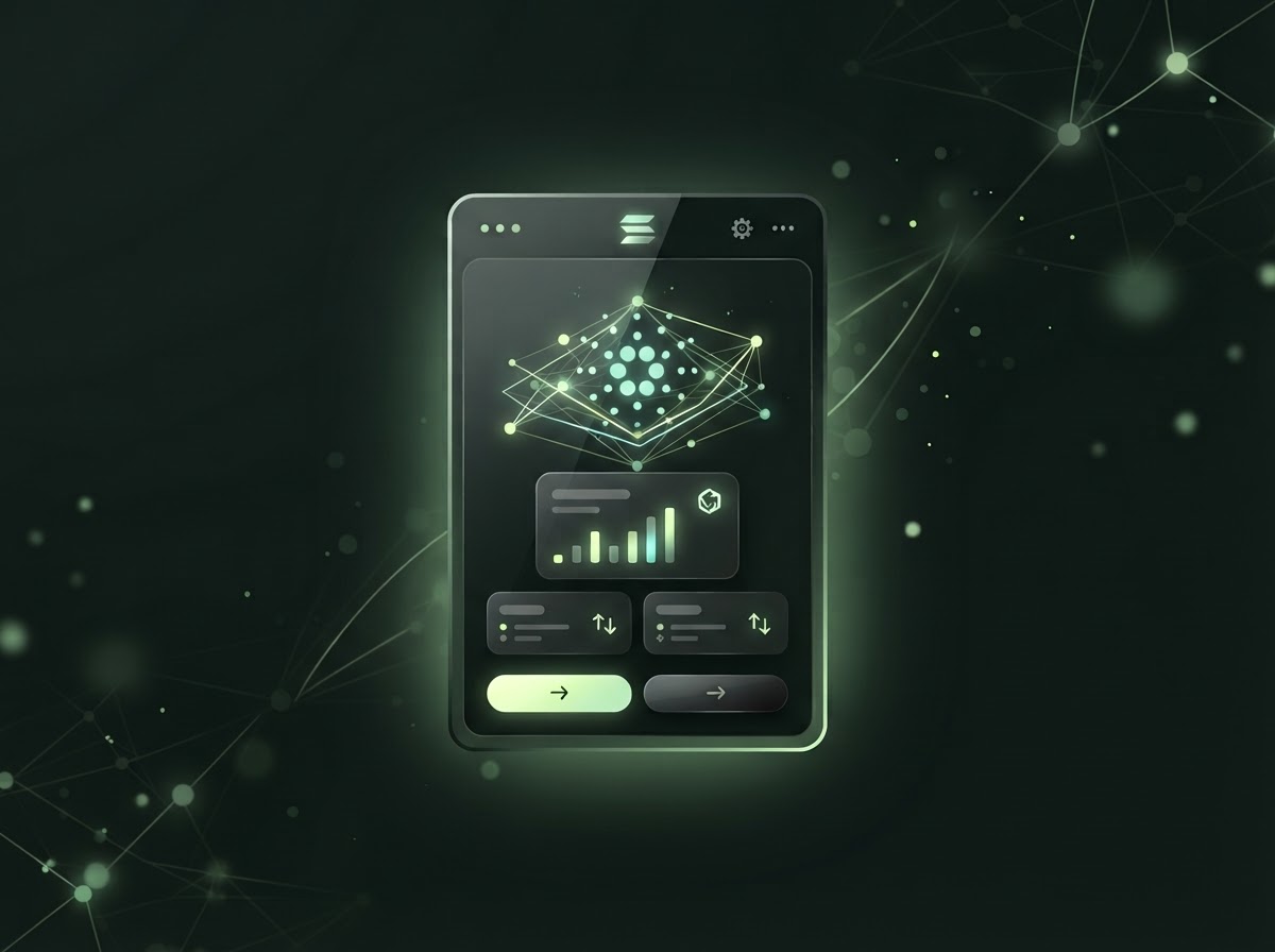 Abstract Cardano wallet extension interface with a balance panel and token symbols