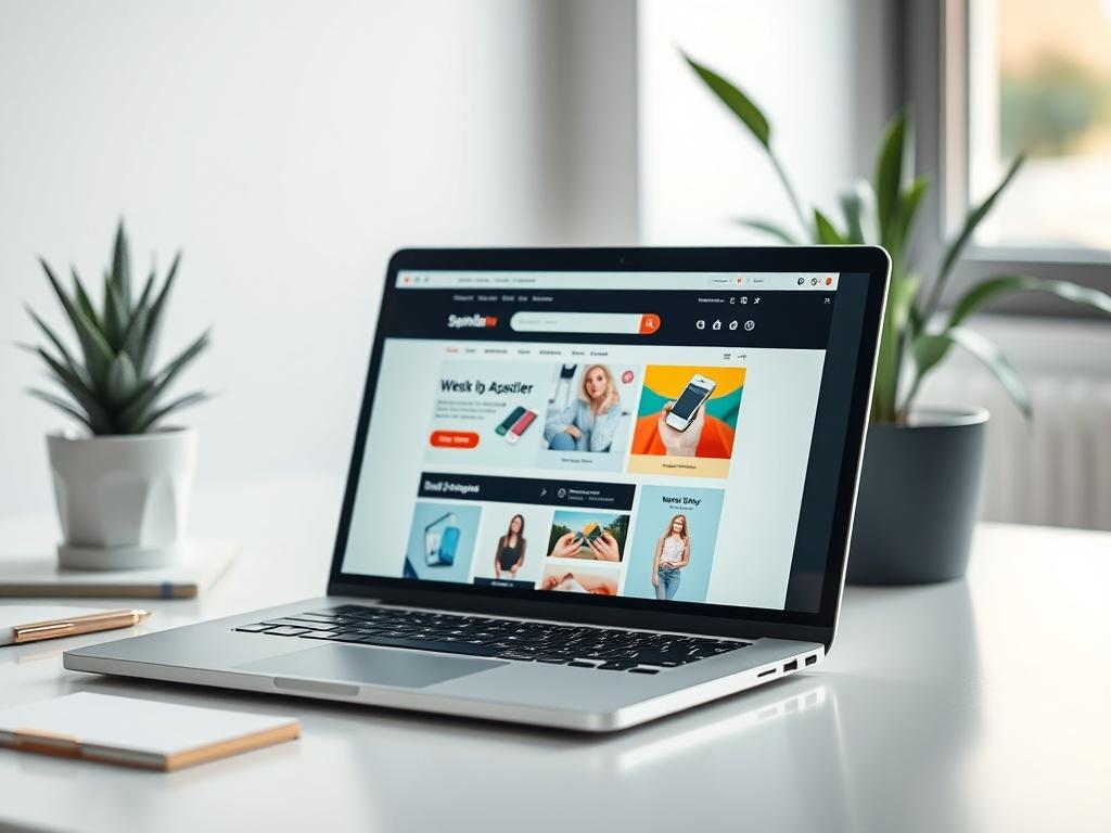 A high-resolution image of a modern e-commerce website template displayed on a sleek laptop. The background should be a soft-focus workspace with a clean, minimalistic aesthetic, featuring a potted plant and a notepad. The laptop screen should show a visually appealing e-commerce layout with vibrant colors and product images.