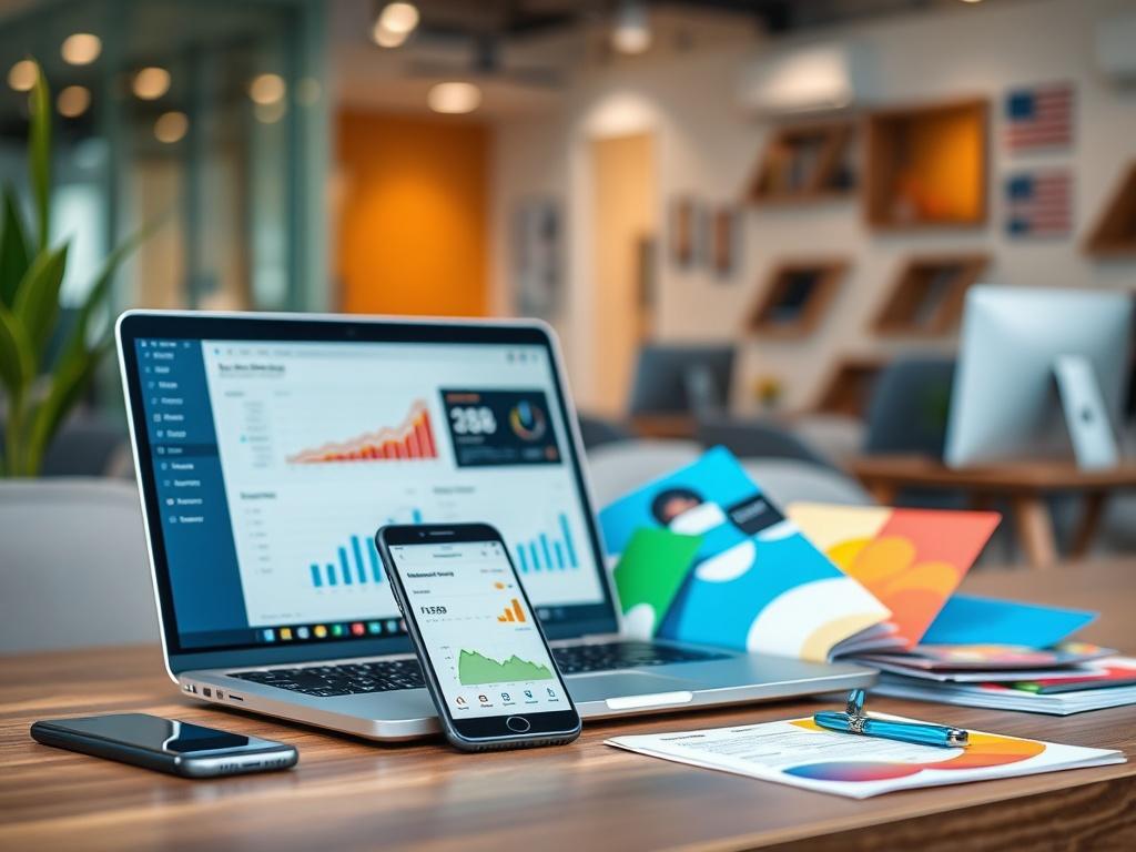 A vibrant high-resolution image featuring a digital marketing toolkit displayed on a desk. The setup includes a laptop open to a digital marketing dashboard, a smartphone showing social media analytics, and colorful brochures. The background should be a modern office space with a subtle creative vibe.