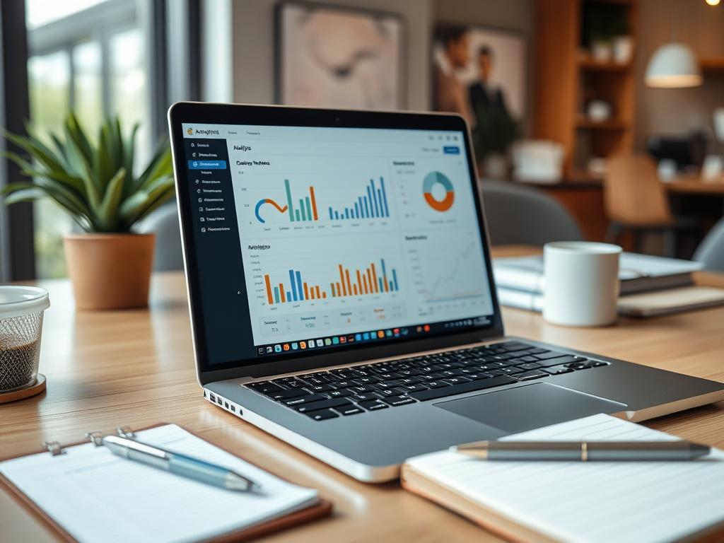 A high-resolution image showcasing an analytics dashboard on a laptop screen. The screen should display various graphs and charts related to e-commerce metrics. The surrounding environment should be a modern workspace with a notepad and pen, conveying a sense of professionalism and focus.