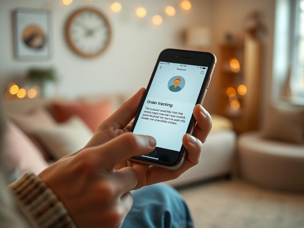 A realistic high-resolution photo showing a customer receiving an order tracking notification on their smartphone. The background should depict a cozy home setting, with soft lighting, emphasizing the convenience and ease of tracking orders from anywhere.