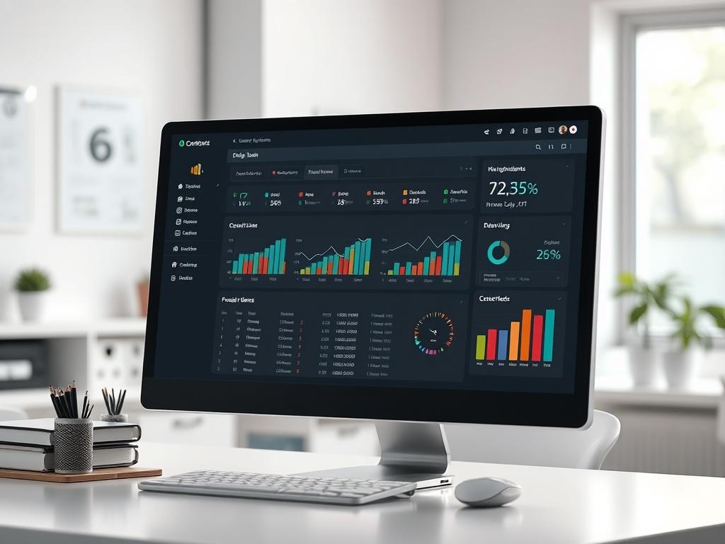 A realistic high-resolution photo of a sleek and modern e-commerce store management dashboard displayed on a computer screen. The background should be a clean and organized workspace with soft lighting, emphasizing a professional atmosphere. The dashboard should show graphs, inventory lists, and order tracking features, rendered in hyper-realistic detail.