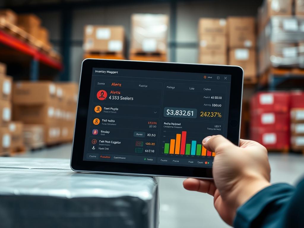 A realistic high-resolution photo of an inventory management screen displaying alerts and stock levels on a tablet. The background should include a blurred warehouse or storage area, showcasing boxes and products neatly organized, with warm lighting highlighting the tablet's screen.
