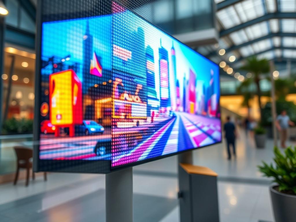 A close-up shot of a vibrant LED display showcasing dynamic content, captured with a 45mm f/1.2 lens. The display features colorful graphics that illustrate the versatility of LED technology in indoor and outdoor settings. The background should be softly blurred to keep focus on the LED display, highlighting the high-resolution and vivid colors. Use a color palette that includes shades compatible with rgb(193, 153, 87).