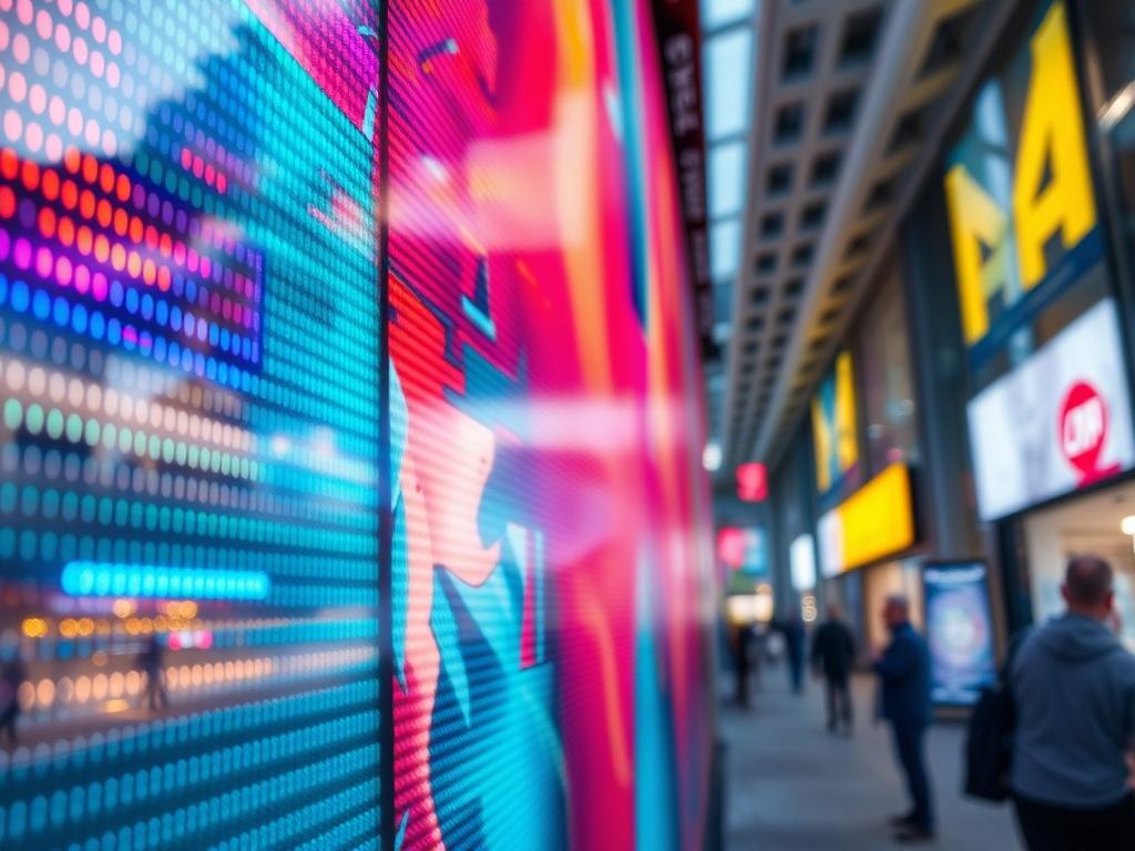 A hyper-realistic close-up of a vibrant LED display in a modern setting, showcasing vivid colors and sharp details. The display should be the focal point, with a blurred background of an urban environment. The image should be captured with a 45mm f/1.2 lens style, emphasizing the intricate details of the LED technology. The primary color scheme should align with rgb(193, 153, 87).