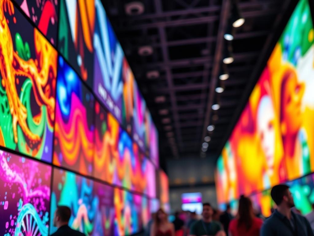 A hyper-realistic close-up shot of a vibrant videowall displaying colorful graphics at an event, showcasing the depth and clarity of the screens. The image should be taken with a 45mm f/1.2 lens style, focusing on the details of the videowall with a blurred background that enhances the subject.