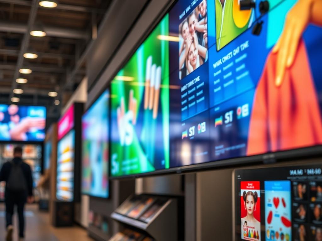 A hyper-realistic close-up shot of a digital signage display in a retail environment, showcasing vibrant advertisements and information. The image should be captured with a 45mm f/1.2 lens style, highlighting the display's clarity and colors against a softly blurred background.
