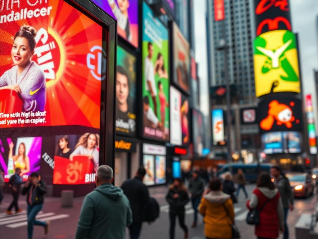 A hyper-realistic close-up shot of an outdoor LED display showcasing vibrant advertisements in a busy urban setting. The image should be taken with a 45mm f/1.2 lens style, focusing on the display's brightness and features with a dynamic city background.