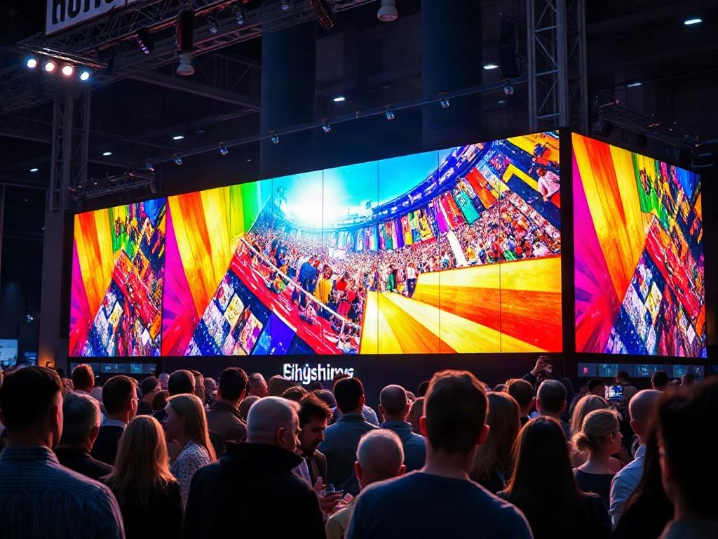 A hyper-realistic close-up shot of a modern videowall installation in a vibrant event setting, showcasing vivid colors and sharp images, surrounded by an audience interacting with the display, shot with a 45mm f/1.2 lens.