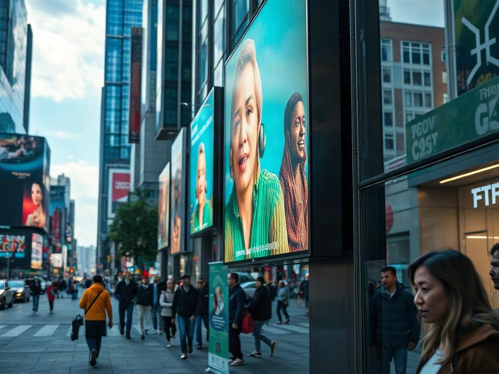 A hyper-realistic close-up shot of an outdoor LED display in a bustling city street, showcasing vibrant advertisements under varying natural light conditions, with people passing by, shot with a 45mm f/1.2 lens.