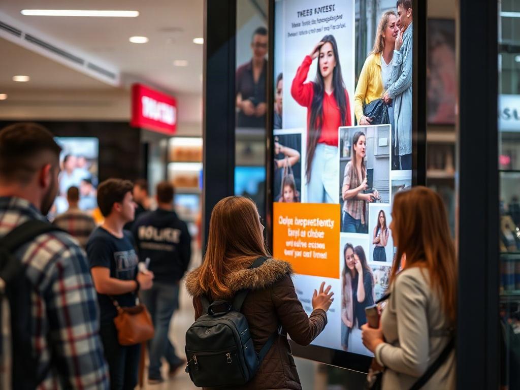 A hyper-realistic close-up shot of a digital signage display in a retail environment, featuring dynamic advertisements and engaging content, with customers interacting with the screen, shot with a 45mm f/1.2 lens.