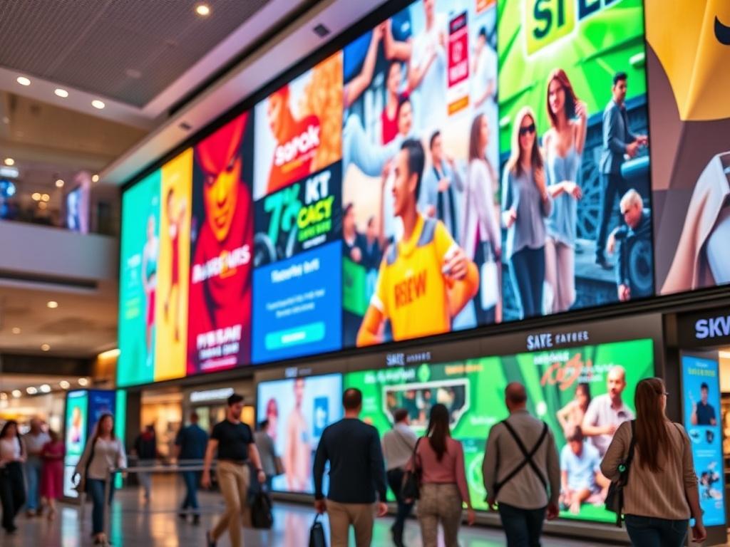 A hyper-realistic close-up shot of a vibrant LED videowall in a shopping mall, showcasing colorful advertisements and people interacting with it, with a focus on the display's bright colors and clarity, captured with a 45mm f/1.2 lens.