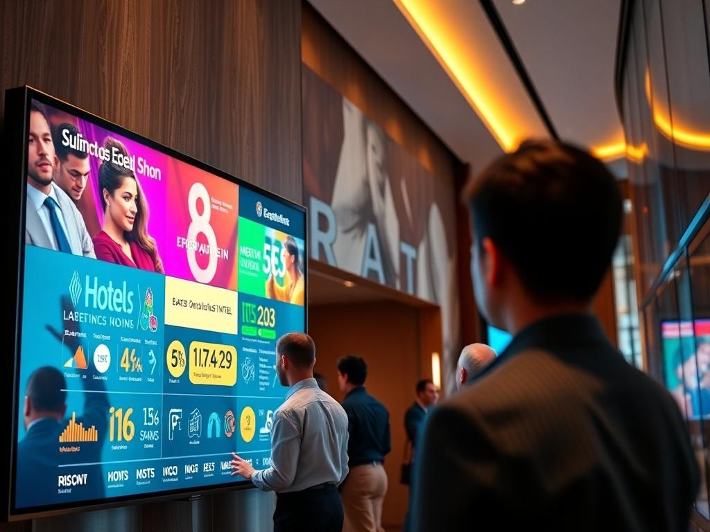 A hyper-realistic close-up shot of a sleek digital signage display in a hotel lobby, featuring vibrant information graphics and guests interacting with it, captured with a 45mm f/1.2 lens.