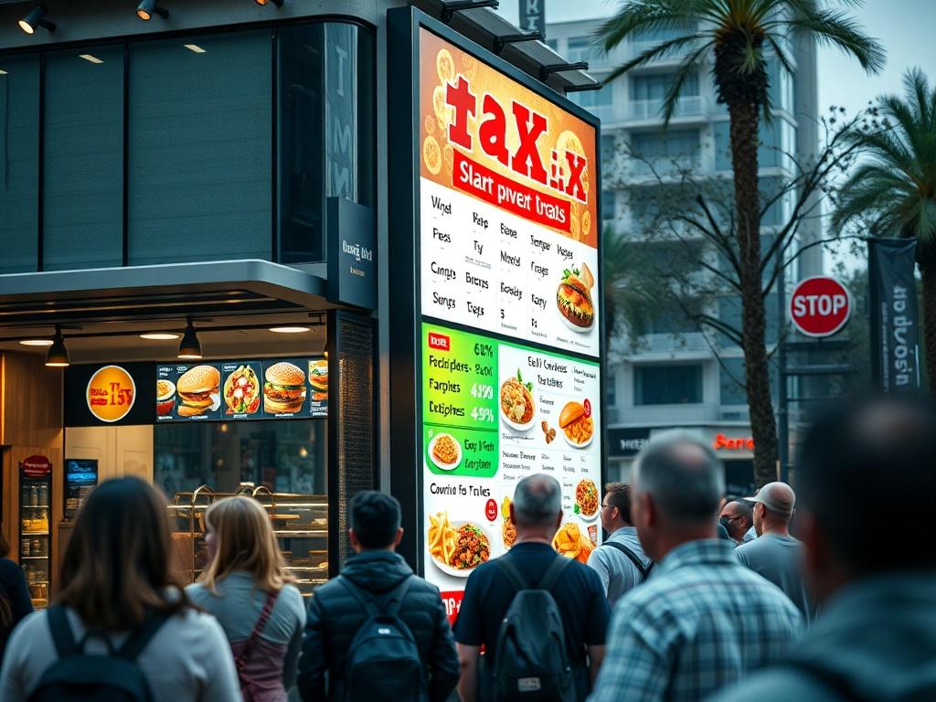 A hyper-realistic close-up shot of a vibrant LED display showcasing a restaurant's menu and promotions outdoors, surrounded by people, with a focus on the display's bright colors and clarity, captured with a 45mm f/1.2 lens.