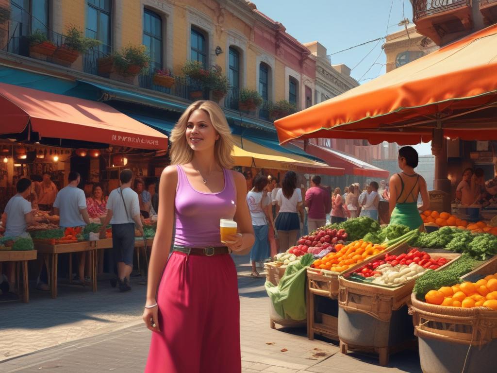 A cheerful female escort exploring a vibrant local market, interacting