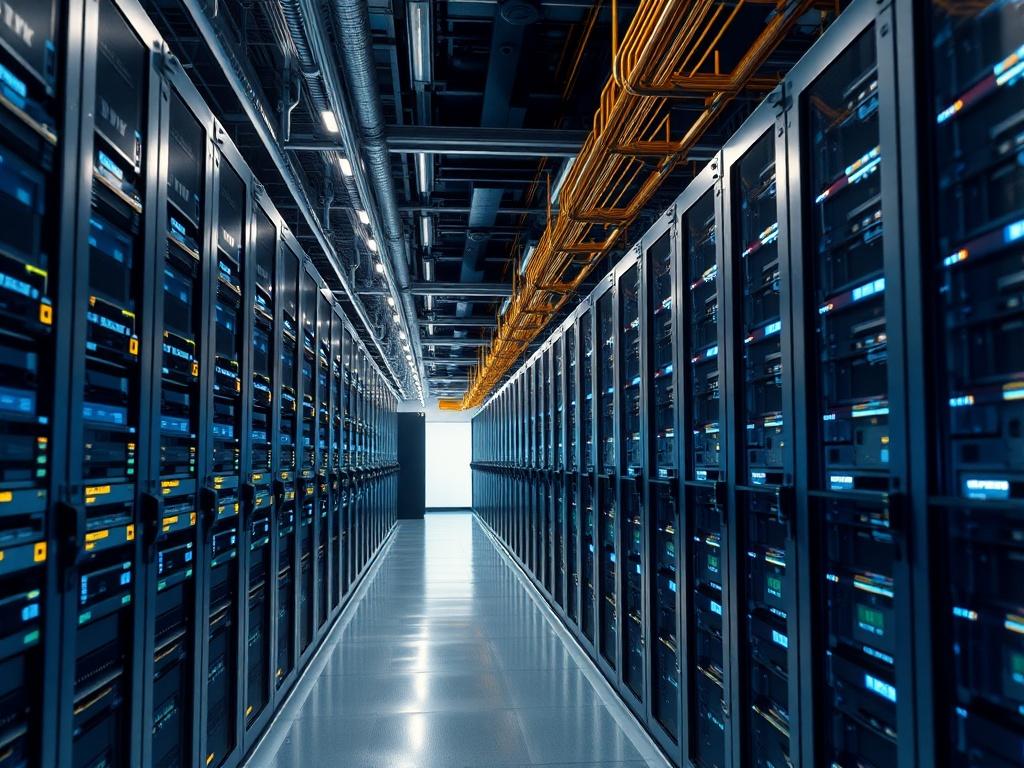 A high tech data center filled with rows of cryptocurrency