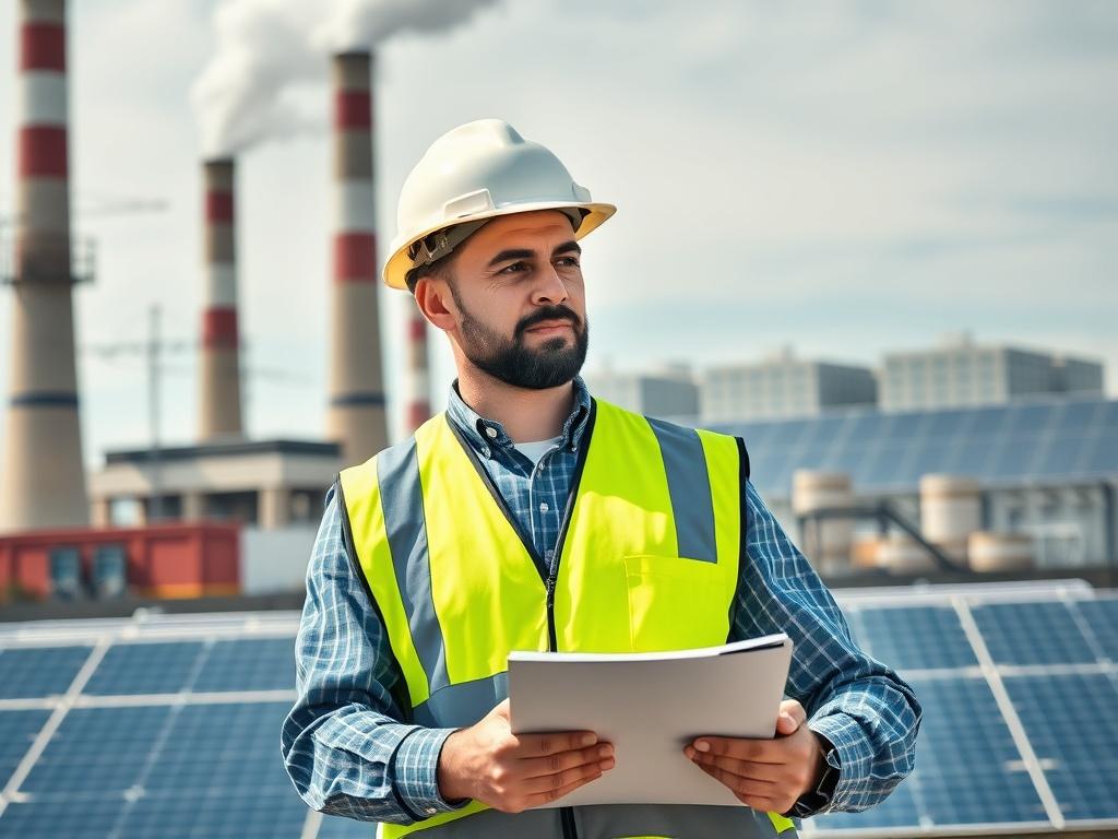 A realistic high-resolution photo of a power plant manager standing confidently in front of a large power plant facility. The manager is wearing a hard hat and safety vest, looking at a clipboard with a focused expression. The background features towering smokestacks and solar panels, showcasing a blend of traditional and renewable energy sources. The composition is clear and simple, focusing solely on the manager with the power plant in the backdrop.
