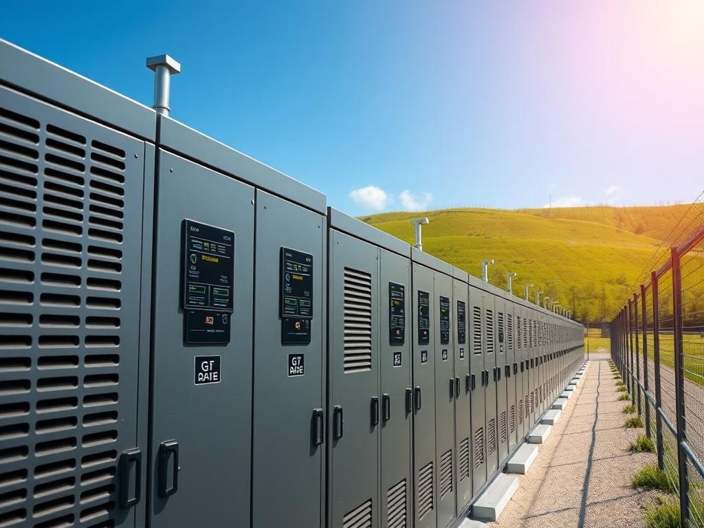 A high-resolution photo of a state-of-the-art battery storage substation, showcasing rows of sleek battery units with digital monitoring screens. The setting is outdoors under a clear blue sky, with green landscapes in the background. The photo should focus on the intricate details of the battery units, emphasizing their modern design and technology, captured with a 45mm f/1.2 lens.