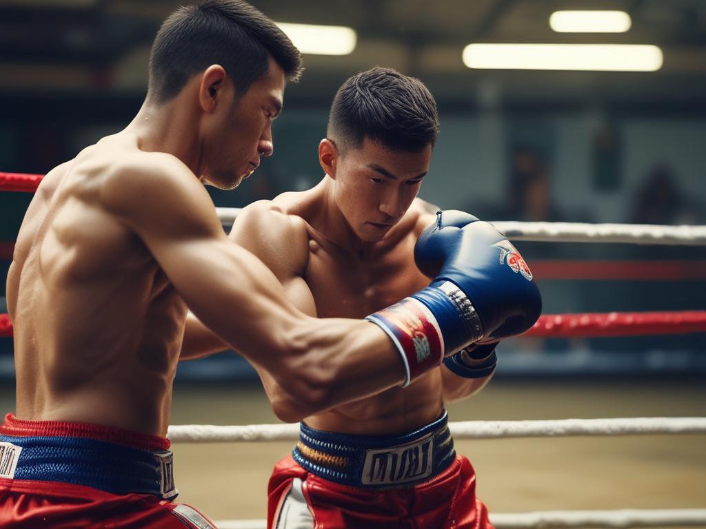 a close-up shot of a Muay Thai practitioner in action, hyper-realistic, shot with a 45mm f/1.2 lens style