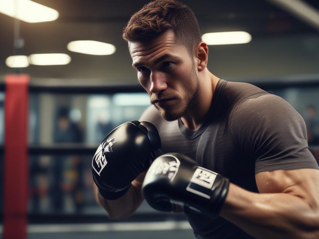 a close-up shot of an MMA fighter practicing in a training facility, hyper-realistic, shot with a 45mm f/1.2 lens style