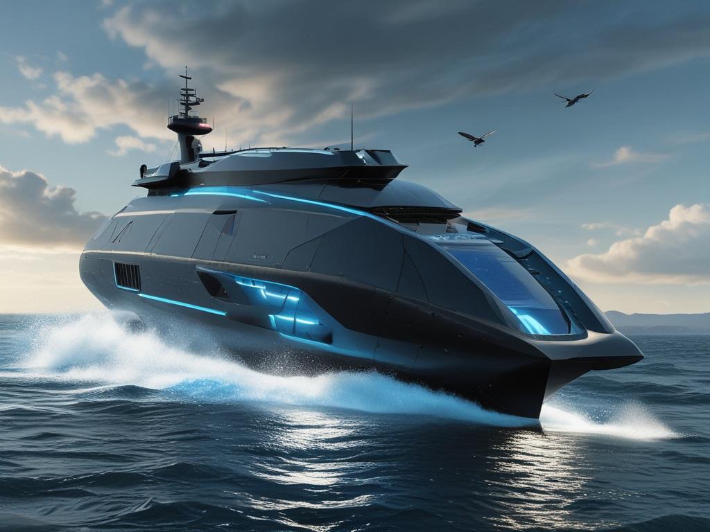 A futuristic cargo vessel cruising through clear blue waters, equipped