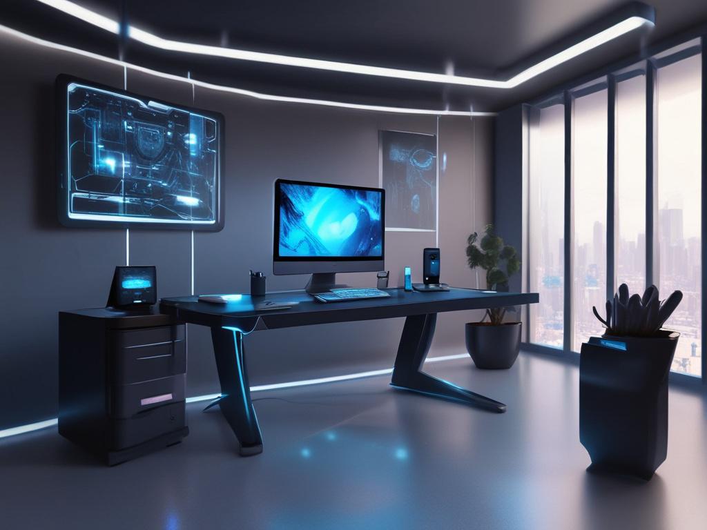 A sleek, modern workstation featuring a glowing computer screen displaying