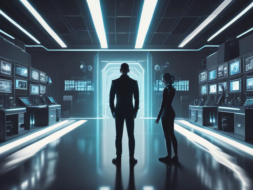 A futuristic AI companion standing beside a researcher in a