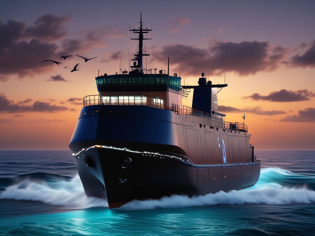 A wave powered cargo vessel navigating through clear blue waters,