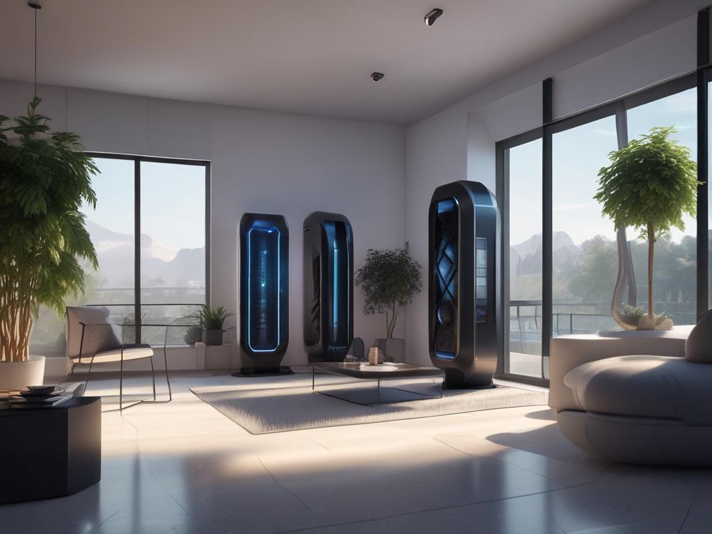 A futuristic modular cooling unit displayed in a sunlit living