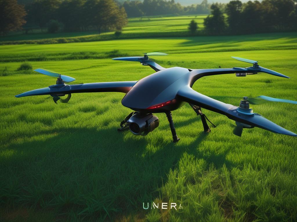 A high tech agricultural drone hovering above a lush green