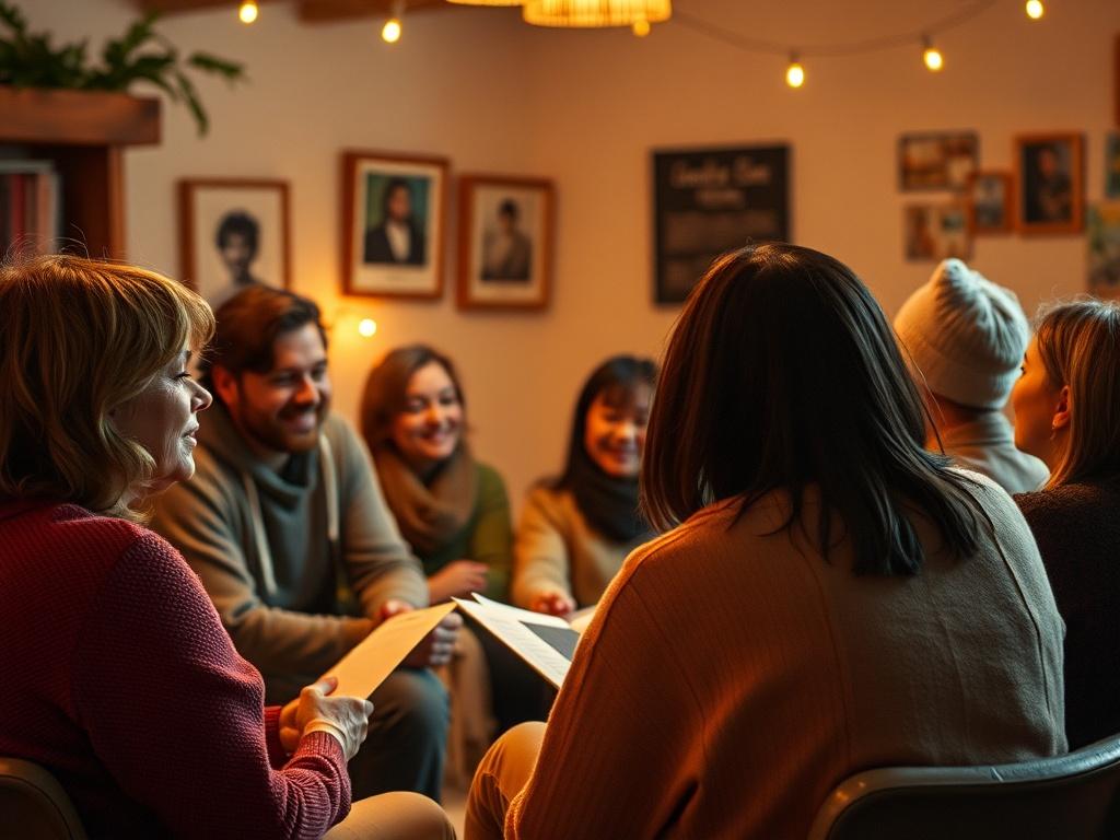 A warm image of a storyteller sharing their journey with a captivated audience in a cozy gathering space. Soft lighting highlights the faces of listeners who are engaged and moved by the narrative. The atmosphere is filled with empathy and connection, creating a sense of community and shared experience.