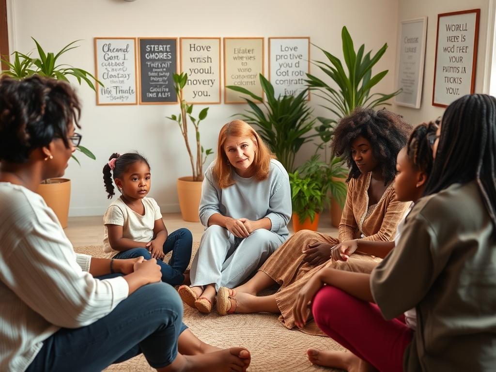 A serene image of a diverse group of women and children engaged in a supportive workshop setting. They are sitting in a circle, sharing their stories, with a warm, inviting room filled with soft lighting and gentle colors. In the background, there are plants and motivational posters, creating an atmosphere of empowerment and hope.