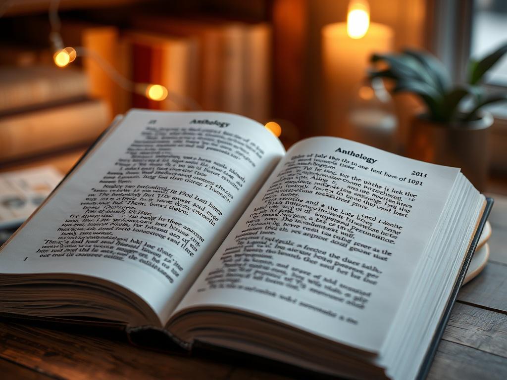 A high-resolution image of an anthology book open to a random page, showcasing diverse narratives. The setting is warm and inviting, with soft bokeh lights in the background and a cozy reading nook ambiance.