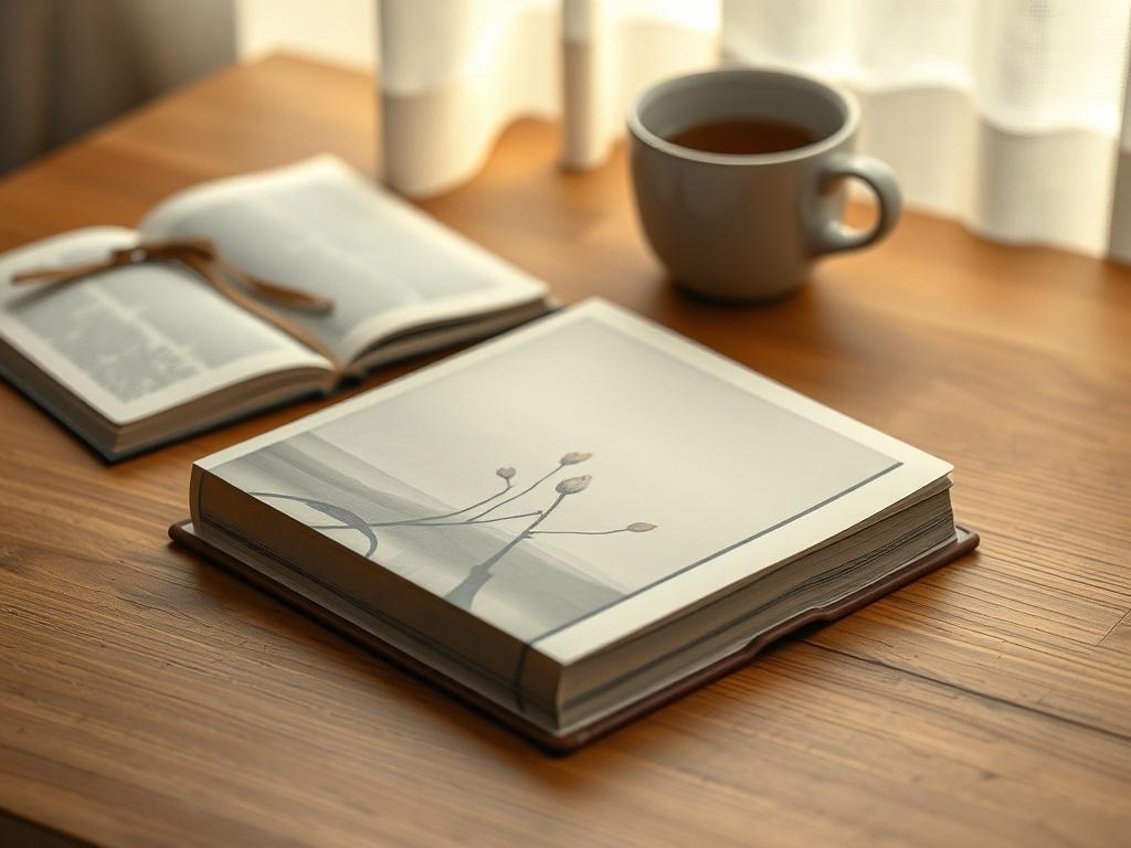 A high-resolution image of a closed book with a serene cover design, placed on a wooden table. Soft lighting creates a peaceful ambiance, and subtle elements like a cup of tea and a journal can be seen in the background.