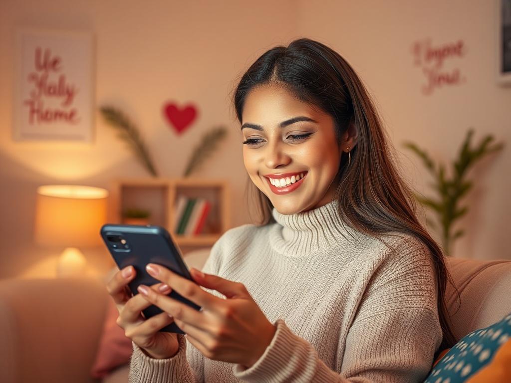 A warm and inviting scene depicting a woman holding a smartphone, smiling as she connects with others on social media. The background features soft tones and gentle lighting, with elements representing community and support, such as supportive messages or symbols of empowerment, all rendered in a peaceful atmosphere.
