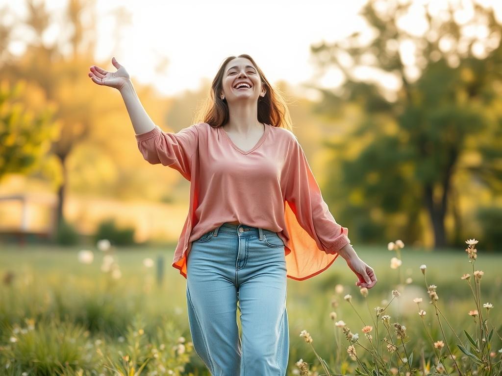 Create a realistic high-resolution photo that embodies the theme "Finding Your Voice After Abuse." The composition should be simple and clear, featuring a single subject: a woman standing confidently in a serene outdoor setting. She should be depicted mid-laugh, symbolizing empowerment and joy as she embraces her newfound strength. Her attire should be casual yet uplifting, with soft, flowing fabrics in warm, inviting colors that resonate with hope.

In the background, include a gentle, sunlit landscape, pe