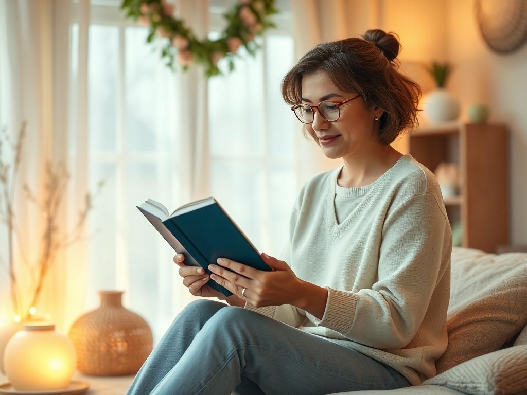 A serene and inviting image of a compassionate woman sitting in a cozy, softly lit room, surrounded by warm colors and gentle decorations. She holds a book in her hands, symbolizing storytelling and empowerment. The background features subtle hints of nature, with soft greens and calming blues, creating a peaceful atmosphere that reflects hope and resilience.