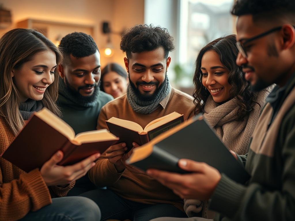A close-up portrait of a diverse group of people engaged in a heartfelt discussion, each holding a book, set against a softly blurred background of a cozy, inviting room filled with warm lighting. The focus should be on their expressions of inspiration and understanding, capturing the essence of community and growth. The lighting should highlight the warmth of the scene, with soft shadows creating depth. The image should convey a sense of connection and transformation.