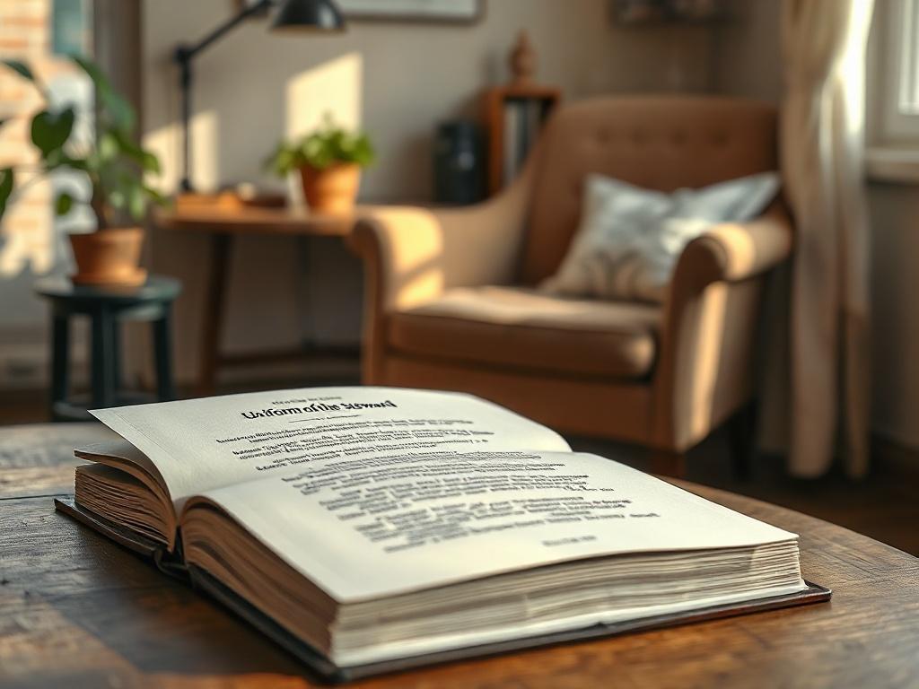 A close-up shot of an open book with a beautiful, illustrated cover titled 'Uniform of the Steward' resting on a wooden table. Soft, natural light illuminates the pages, revealing engaging text and illustrations. In the background, a cozy, inviting reading nook with a warm atmosphere, featuring a comfortable chair and a small plant. The overall composition is clear and simple, focusing on the book while exuding a sense of tranquility and inspiration.