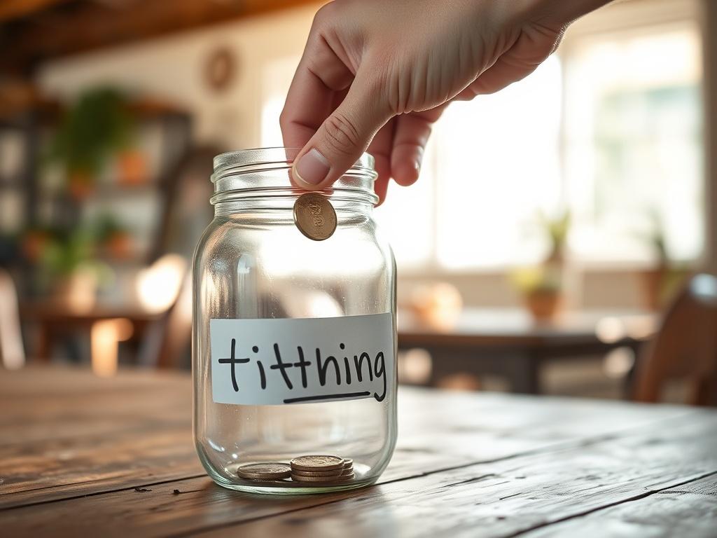 A close-up of a hand placing a coin into a glass jar labeled 'Tithing' on a rustic wooden table. The background is softly blurred, highlighting a warm and inviting atmosphere filled with natural light, symbolizing generosity and spiritual growth.