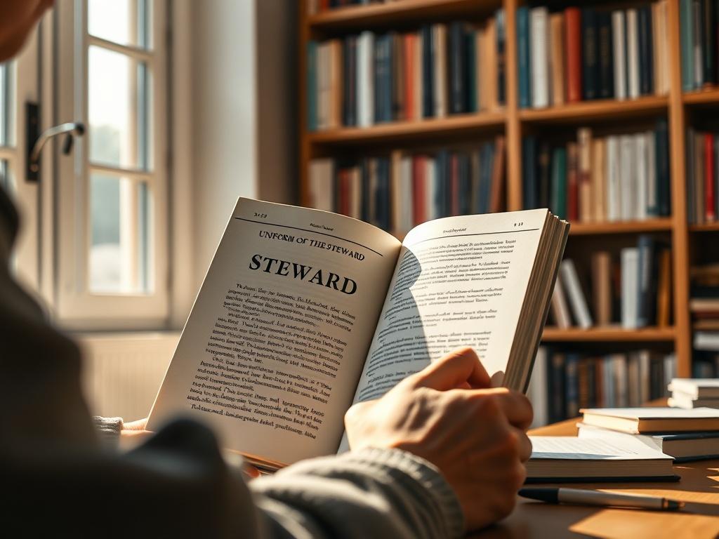 A high-resolution image of a person reading 'Uniform of the Steward' in a sunlit room, with a notepad and pen beside them. The background features a bookshelf filled with various books, suggesting a study or learning environment, capturing the essence of growth and reflection.
