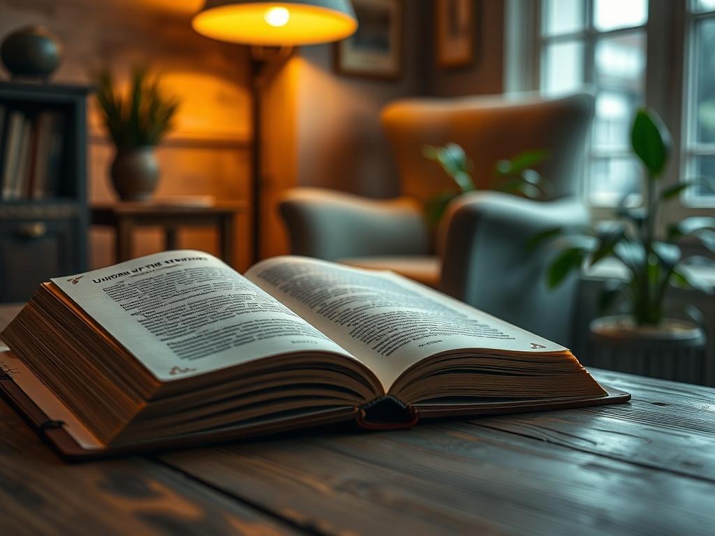 A close-up shot of the book 'Uniform of the Steward' lying open on a wooden table, with a warm light illuminating the pages. The background is softly blurred, showcasing a cozy reading nook with a comfortable chair and a small plant in the corner, creating an inviting atmosphere.