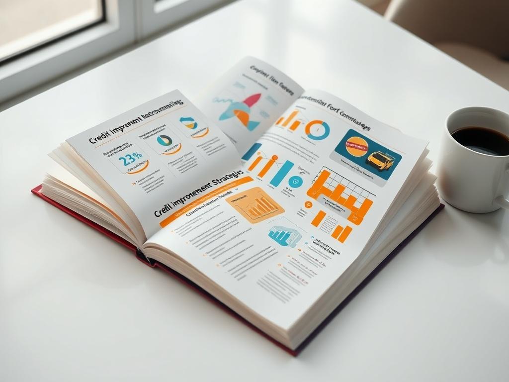 A detailed photo of an open book displaying vibrant infographics and bullet points on credit improvement strategies for commuters. The book is placed on a clean white table with a coffee cup beside it. The setting is bright and airy, emphasizing clarity and focus on the content.