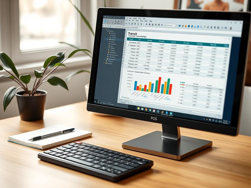 A realistic high-resolution image of a computer screen displaying the Transit Cost Reporting Template in Excel format. The screen shows colorful graphs and charts summarizing transit expenses. The workspace is neatly arranged with a notepad and a plant in the background, creating a professional atmosphere.